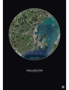 Affiche Wellington – Poster vue satellite 10km Couleur | Gravura – Fond foncé