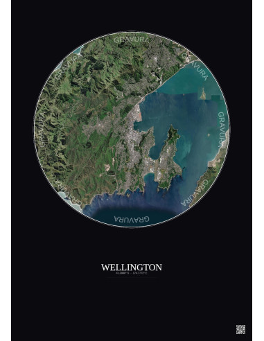 Affiche Wellington – Poster vue satellite 10km Couleur | Gravura – Fond foncé
