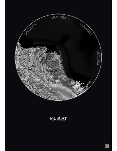 Muscat Satellite View Poster 10km B&W | Gravura – Dark background