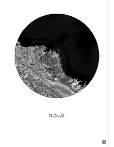 Muscat Satellite View Poster 10km B&W | Gravura – Light background