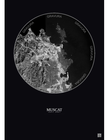 Affiche Muscat – Poster vue satellite 2.5km N&B | Gravura – Fond foncé