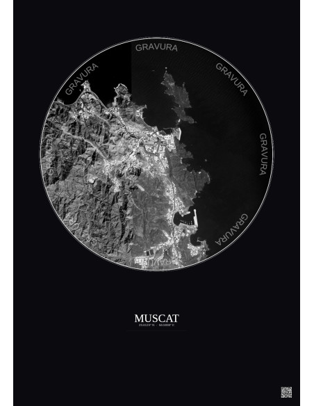 Affiche Muscat – Poster vue satellite 2.5km N&B | Gravura – Fond foncé