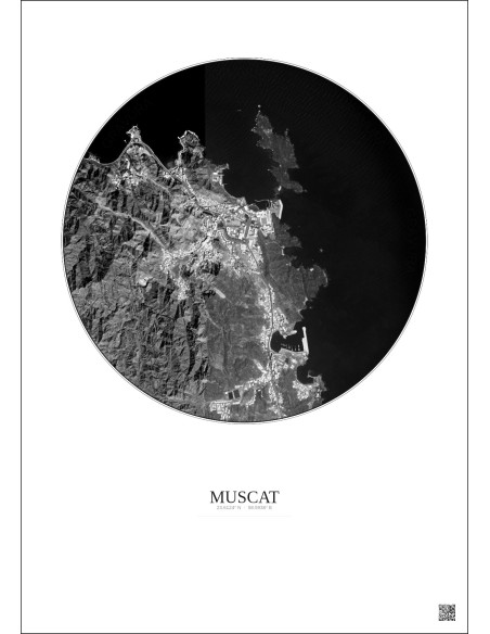 Affiche Muscat – Poster vue satellite 2.5km N&B | Gravura – Fond clair