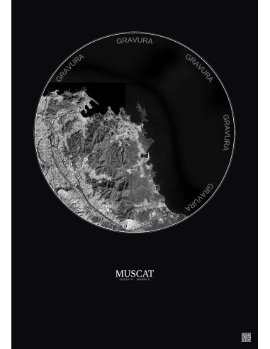 Affiche Muscat – Poster vue satellite 6km N&B | Gravura – Fond foncé