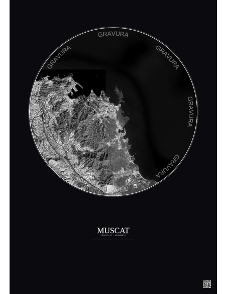 Affiche Muscat – Poster vue satellite 6km N&B | Gravura – Fond foncé