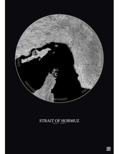 Strait Of Hormuz Satellite View Poster 150km B&W | Gravura – Dark background