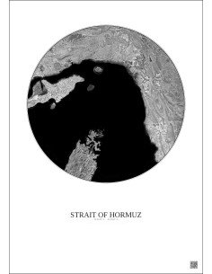 Affiche Strait Of Hormuz – Poster vue satellite 100km N&B | Gravura – Fond clair