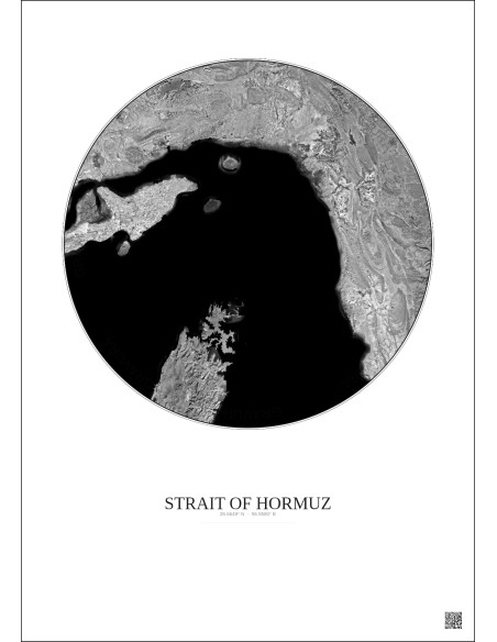 Affiche Strait Of Hormuz – Poster vue satellite 100km N&B | Gravura – Fond clair
