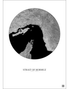 Affiche Strait Of Hormuz – Poster vue satellite 150km N&B | Gravura – Fond clair