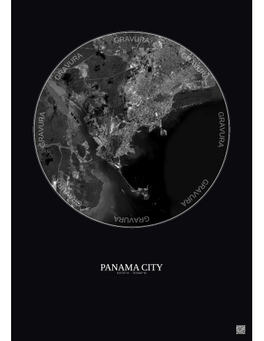 Affiche Panama City – Poster vue satellite 10km N&B | Gravura – Fond foncé