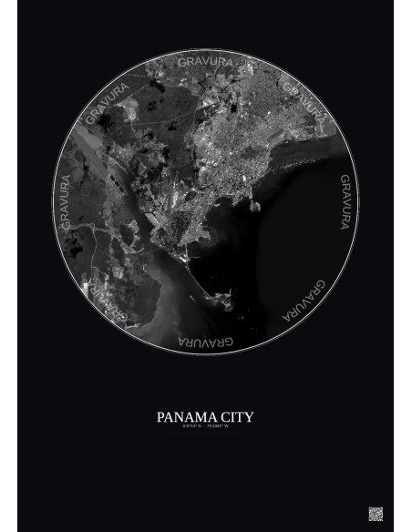 Affiche Panama City – Poster vue satellite 10km N&B | Gravura – Fond foncé