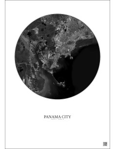 Affiche Panama City – Poster vue satellite 10km N&B | Gravura – Fond clair
