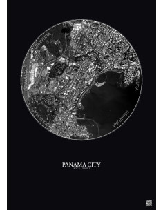 Affiche Panama City – Poster vue satellite 2.5km N&B | Gravura – Fond foncé