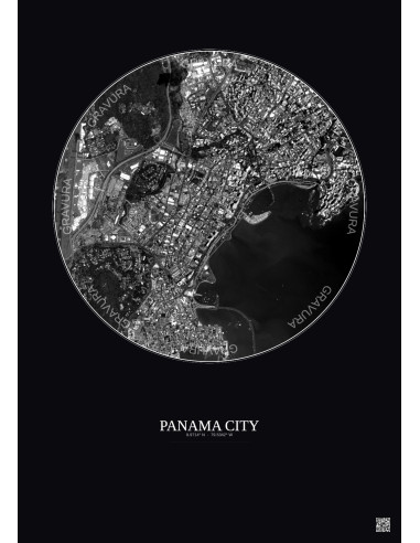 Affiche Panama City – Poster vue satellite 2.5km N&B | Gravura – Fond foncé