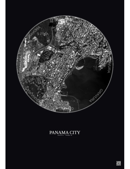 Affiche Panama City – Poster vue satellite 2.5km N&B | Gravura – Fond foncé