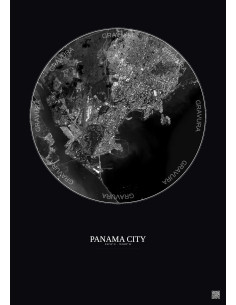 Affiche Panama City – Poster vue satellite 6km N&B | Gravura – Fond foncé