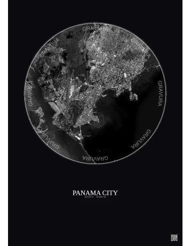 Affiche Panama City – Poster vue satellite 6km N&B | Gravura – Fond foncé