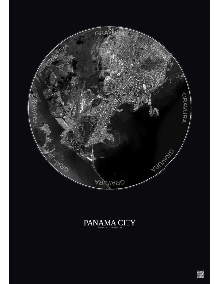 Affiche Panama City – Poster vue satellite 6km N&B | Gravura – Fond foncé