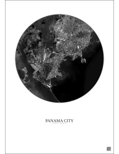 Affiche Panama City – Poster vue satellite 6km N&B | Gravura – Fond clair