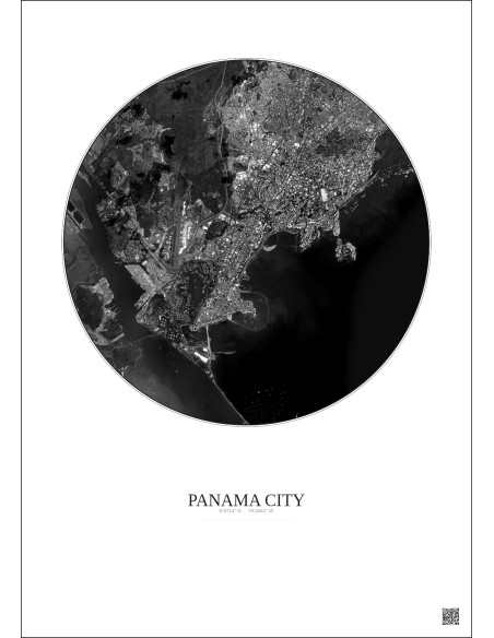 Affiche Panama City – Poster vue satellite 6km N&B | Gravura – Fond clair