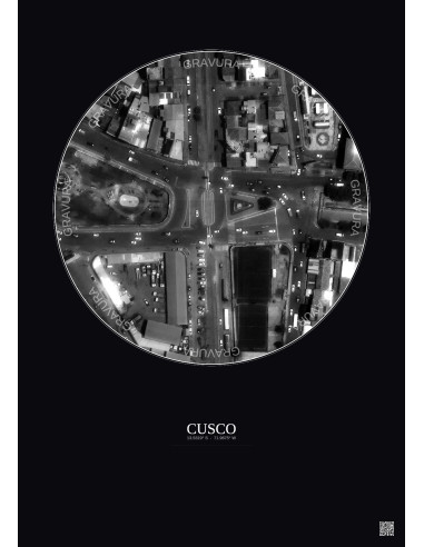 Affiche Cusco – Poster vue satellite 0.1km N&B | Gravura – Fond foncé