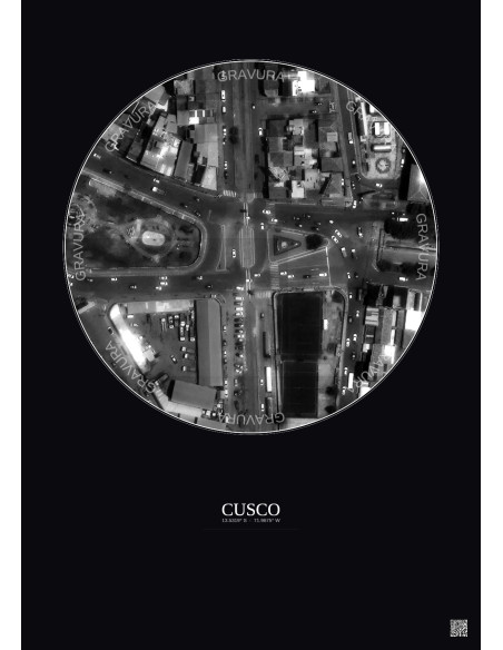 Affiche Cusco – Poster vue satellite 0.1km N&B | Gravura – Fond foncé