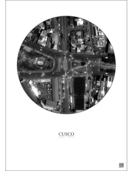 Affiche Cusco – Poster vue satellite 0.1km N&B | Gravura – Fond clair