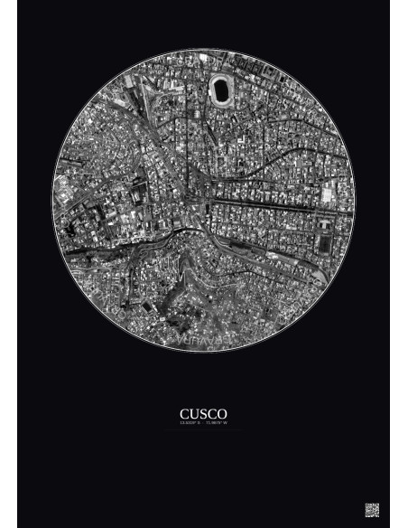 Affiche Cusco – Poster vue satellite 1km N&B | Gravura – Fond foncé