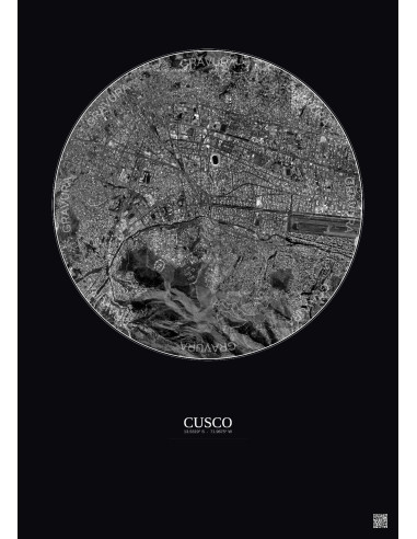 Affiche Cusco – Poster vue satellite 2.5km N&B | Gravura – Fond foncé