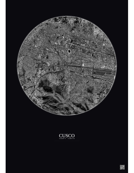 Affiche Cusco – Poster vue satellite 2.5km N&B | Gravura – Fond foncé
