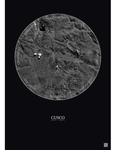 Affiche Cusco – Poster vue satellite 20km N&B | Gravura – Fond foncé