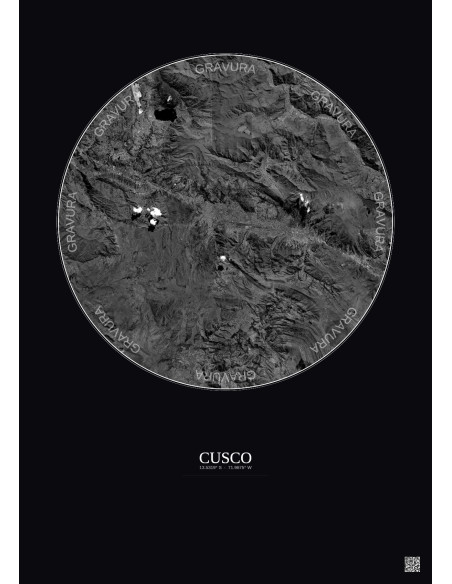 Affiche Cusco – Poster vue satellite 20km N&B | Gravura – Fond foncé