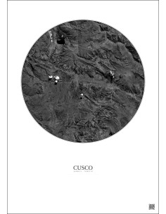 Affiche Cusco – Poster vue satellite 20km N&B | Gravura – Fond clair