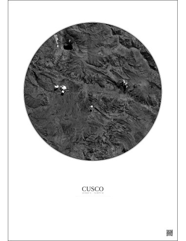 Affiche Cusco – Poster vue satellite 20km N&B | Gravura – Fond clair