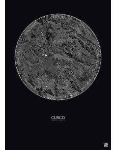 Affiche Cusco – Poster vue satellite 30km N&B | Gravura – Fond foncé