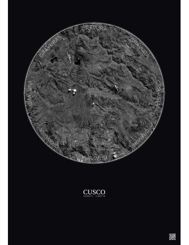 Affiche Cusco – Poster vue satellite 30km N&B | Gravura – Fond foncé