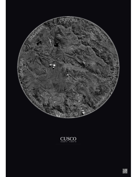 Affiche Cusco – Poster vue satellite 30km N&B | Gravura – Fond foncé