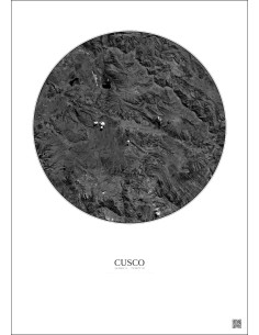 Affiche Cusco – Poster vue satellite 30km N&B | Gravura – Fond clair