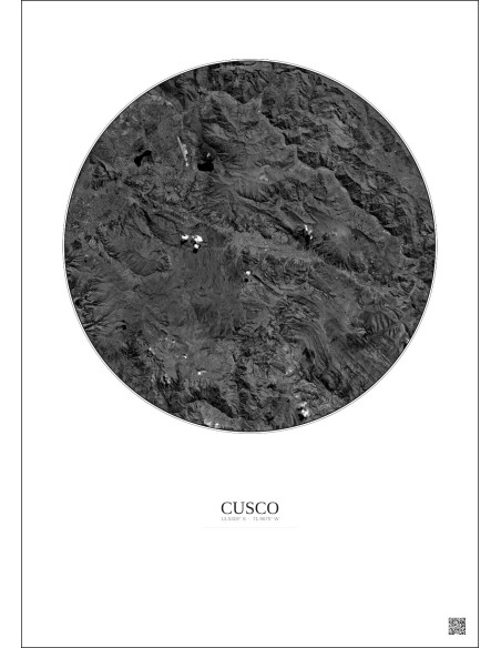 Affiche Cusco – Poster vue satellite 30km N&B | Gravura – Fond clair
