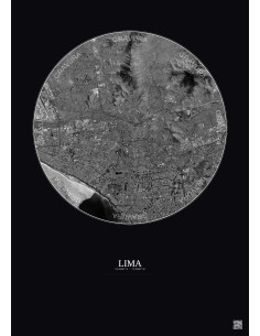Affiche Lima – Poster vue satellite 10km N&B | Gravura – Fond foncé