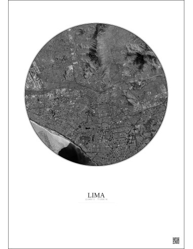 Affiche Lima – Poster vue satellite 10km N&B | Gravura – Fond clair