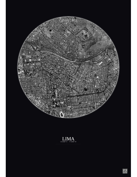 Affiche Lima – Poster vue satellite 2.5km N&B | Gravura – Fond foncé