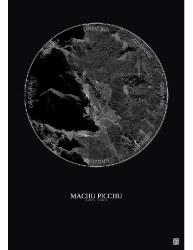 Affiche Machu Picchu – Poster vue satellite 0.5km N&B | Gravura – Fond foncé