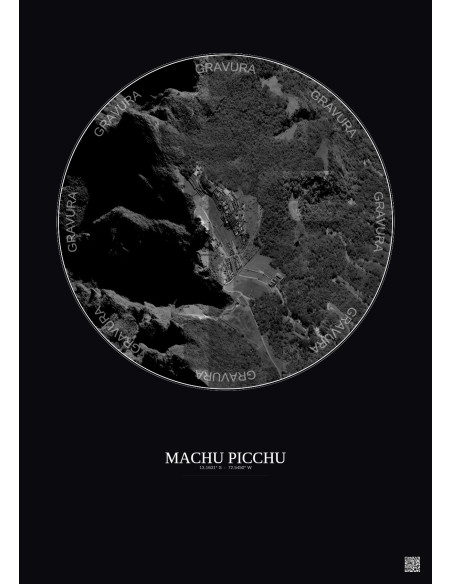 Affiche Machu Picchu – Poster vue satellite 0.5km N&B | Gravura – Fond foncé