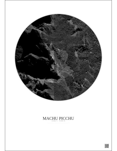 Affiche Machu Picchu – Poster vue satellite 0.5km N&B | Gravura – Fond clair