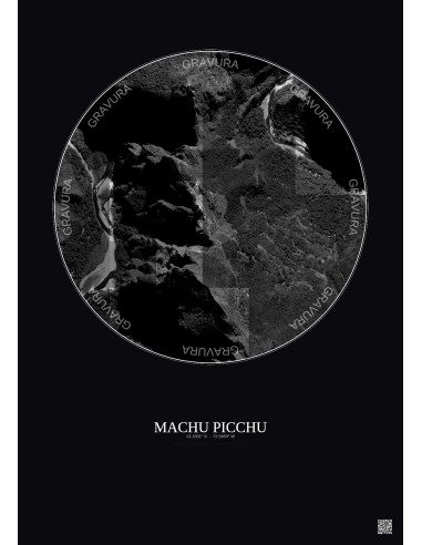 Machu Picchu Satellite View Poster 1km B&W | Gravura – Dark background