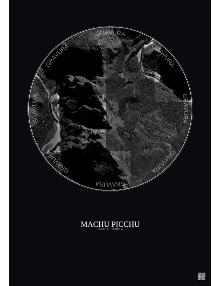 Machu Picchu Satellite View Poster 1km B&W | Gravura – Dark background