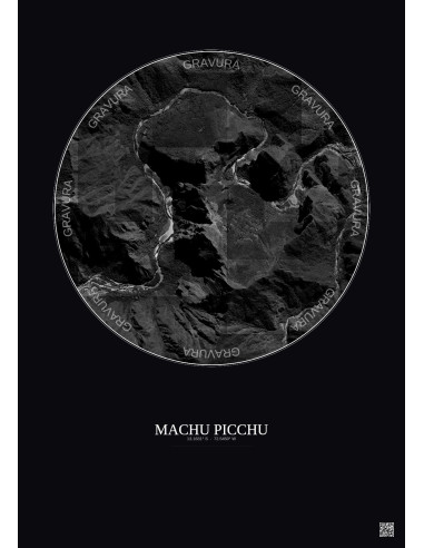 Affiche Machu Picchu – Poster vue satellite 2.5km N&B | Gravura – Fond foncé