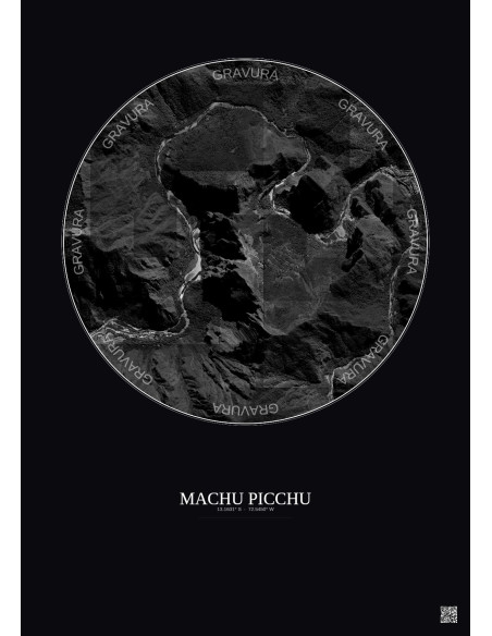 Affiche Machu Picchu – Poster vue satellite 2.5km N&B | Gravura – Fond foncé