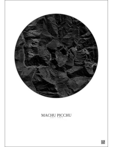 Affiche Machu Picchu – Poster vue satellite 5km N&B | Gravura – Fond clair
